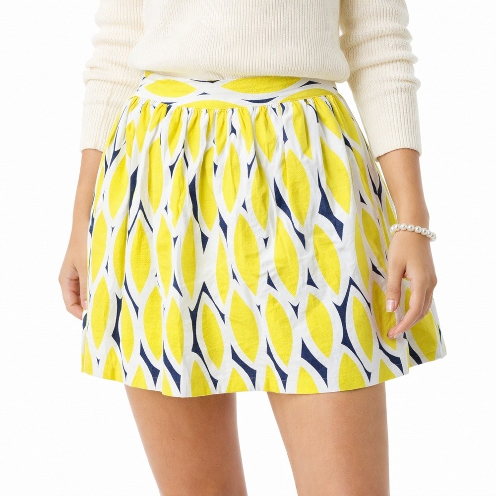 Kaari Blue Geometric Linen Mini Skirt Yellow Blue Coastal Old Money Size 10